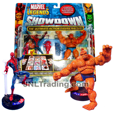Year 2005 Marvel Legends Showdown Series 2 Pk 4 Inch Figure Set : SPIDER-MAN vs THING with Bases, Power Cards, Battle Tiles, Missile Launcher & Dices