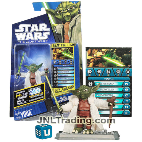 Year 2010 Star Wars Galactic Battle Game The Clone Wars 2.5 Inch Figure - YODA CW05 with Green Lightsaber, Walking Stick, Card, Die and Display Base