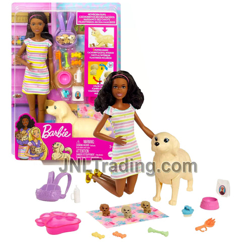 Year 2023 Barbie NEWBORN PUP Series Doll Set HCK76 with African American Model BROOKLYN, Dog with 3 Puppies, Blanket, Feeding Bowl and Accessories