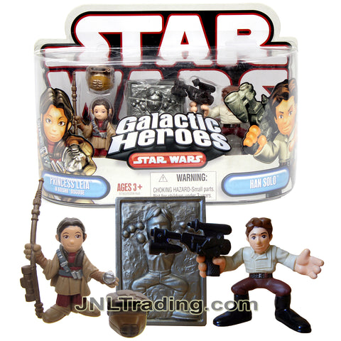 Year 2007 Star Wars Galactic Heroes 2 Pack 2 Inch Figure - PRINCESS LEIA in Boushh Disguise with Spear and  HAN SOLO with Blaster and Carbonite Block