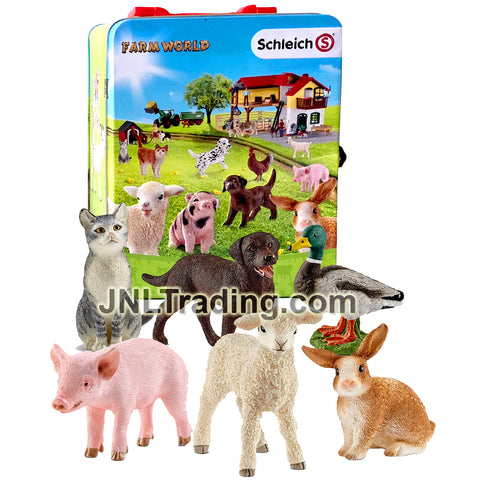 Yr 2018 Schleich FARM WORLD with Cat (#13771), Labrador Retriever (#13834), Duck (#13824), Piglet (#13783), Rabbit (#13827), Sheep (#13883) & Tin Box