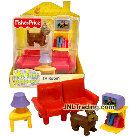 Year 2005 My First Dollhouse Accessory Set - TV ROOM with Sofa, Table with Lamp, TV and Puppy