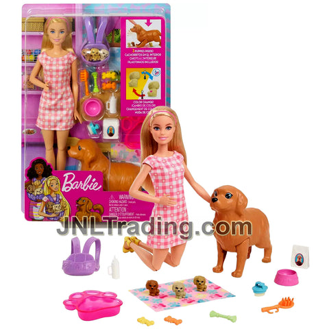 Year 2023 NEWBORN PUP Series Doll Set HCK75 with Caucasian Model BARBIE, Dog with 3 Puppies, Blanket, Feeding Bowl and Accessories