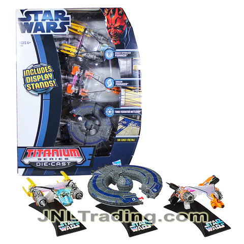 Year 2012 Star Wars Titanium Die Cast Vehicle Set - Anakin Skywalker Podracer, Sebulba Podracer and Trade Federation Battleship Plus 3 Display Stands