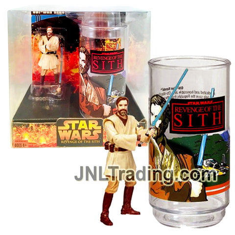 Year 2005 Star Wars Revenge of the Sith Series 4 Inch Tall Figure Set : OBI-WAN KENOBI with Blue Lightsaber Plus Collectible Cup