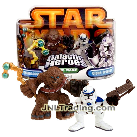 Year 2005 Star Wars Galactic Heroes Series 2 Pack 2 Inch Figure - CHEWBACCA with Slingshot and CLONE TROOPER with Blaster