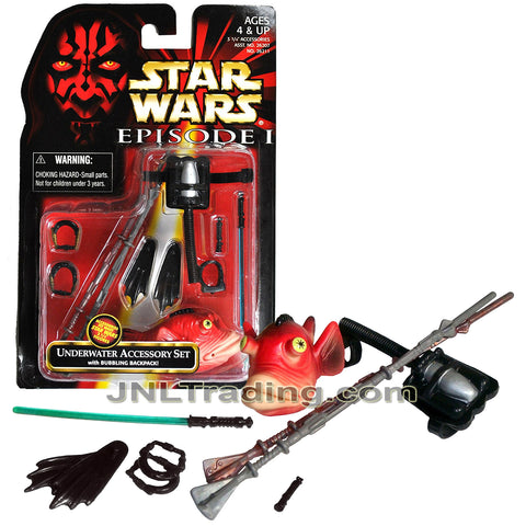Year 1998 Star Wars The Phantom Menace UNDERWATER ACCESSORY SET with Backpack, Gungan Staffs, Flippers, Breathing Devices, Lightsaber, Handle and Fish
