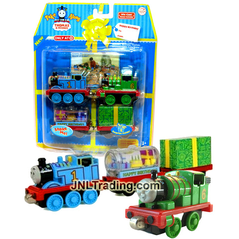 Year 2007 Thomas & Friends Take Along Series Die Cast Metal Train Set with Birthday Thomas and Percy Plus Cake Snow Globe and Present Car