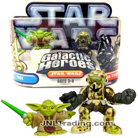 Year 2006 Star Wars Galactic Heroes Series 2 Pack 2 Inch Figure - YODA with Lightsaber and KASHYYYK TROOPER with Blaster