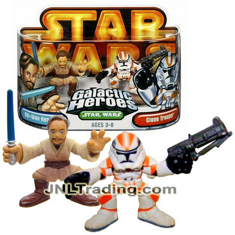 Year 2005 Star Wars Galactic Heroes Series 2 Pack 2 Inch Figure : OBI-WAN KENOBI with Blue Lightsaber and CLONE TROOPER with Blaster