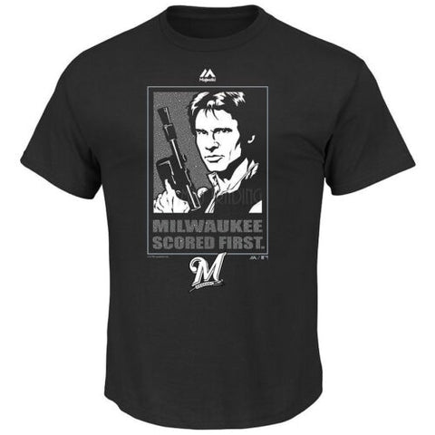 Majestic Milwaukee Brewers Black Star Wars Han Solo Scored First T-Shirt Tee
