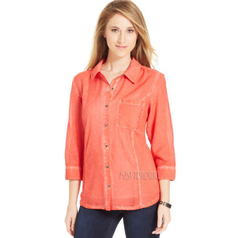NWT Style & Co. Mineral Wash Button-Down Shirt 3/4 Sleeves Cotton Woven L-XL