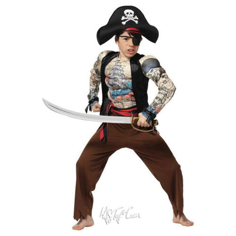 NWT Youth Pirate Muscle Tattoo Jumpsuit Costume Eyepatch+Hat Halloween L(10/12)