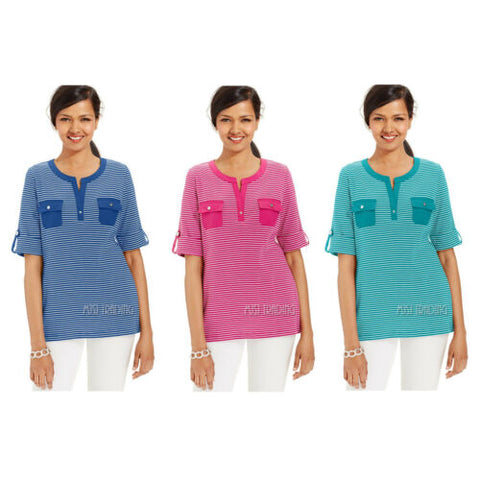 NWT Karen Scott Striped Elbow-Sleeve Henley Shirt Casual Cotton Top 3 Color XS-L