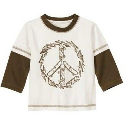 Gymboree Peace Long Double Sleeve Boy T-Shirt Skateboard White Brown Tee