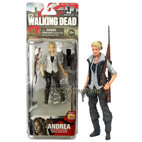 Year 2013 AMC TV Walking Dead 4.5" Figure ANDREA w/ Pitchfork, Rifle, Vest & Gun