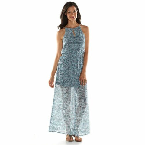NWT Daisy Fuentes Women's Sheer lightweight Beautiful Halter Print Maxi Dress