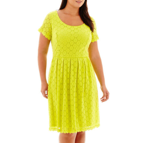 RN Studio by Ronni Nicole Short Sleeve Junior Plus CIRLE LACE DRESS - LIME Green