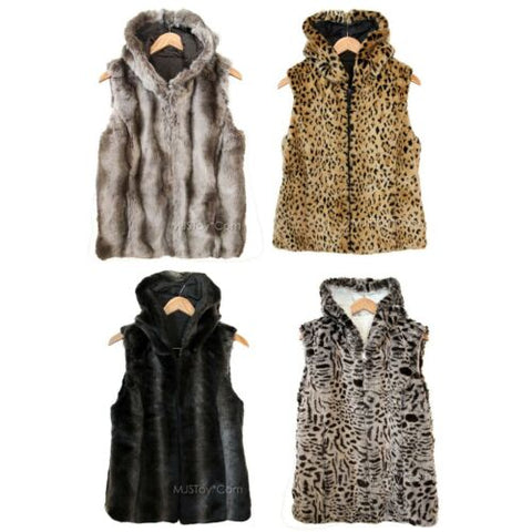 NWT Kristen Blake Reversible SOFT WARM Faux Fur Hooded Vest Leopard/Chinchilla