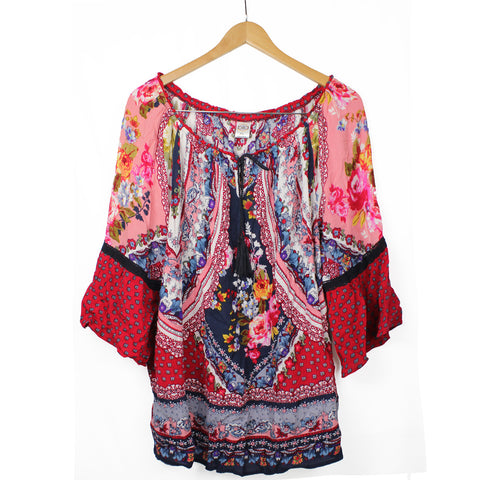 BILA Women's Red Boho Flowers Print Peasant Top Tassel Shirt Size 2XL