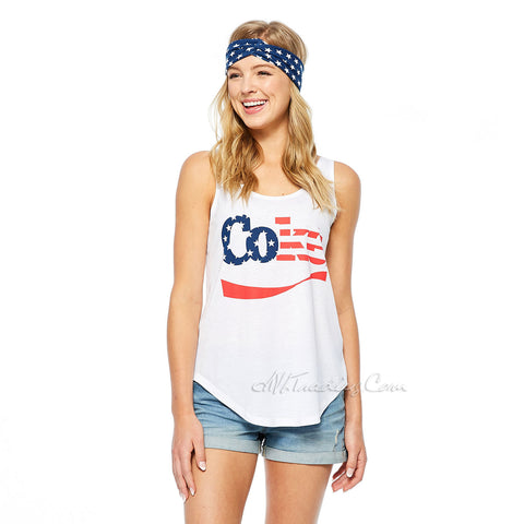 Women's Cute USA Flag COKE Loose Tank Top With Bandana/Headband Junior White