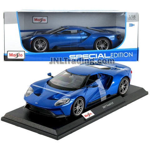 Maisto Special Edition Series 1:18 Scale Die Cast Car - Metallic Blue Silver Sports Coupe 2017 FORD GT with Gull Wing Doors & Display Base (Dimension: 10" x 2-1/2" x 4")