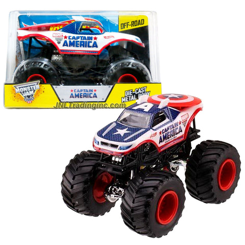 Hot Wheels Year 2014 Monster Jam 1:24 Scale Die Cast Official Monster Truck Series - Marvel CAPTAIN AMERICA (CHV12) with Monster Tires, Working Suspension and 4 Wheel Steering (Dimension - 7" L x 5-1/2" W x 4-1/2" H)