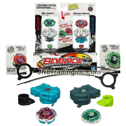 Hasbro Year 2011 Beyblade Metal Masters Battle Tops "Lightning Sword Showdown" 2 Pack Set - Attack D125CS BB71A RAY STRIKER with Face Bolt, Striker Energy Ring, Ray Fusion Wheel, D125 Spin Track, CS Performance Tip and Balance SW145SF B-114 Inferno Gasher with Face Bolt, Gasher Energy Ring, Inferno Fusion Wheel, SW145 Spin Track, SF Performance Tip Plus 2 Ripcord Launchers and 2 Online Codes