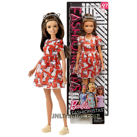 Barbie Year 2017 Fashionistas Series 10 Inch Doll Set #97 - Petite Hispanic BARBIE FJF57 in Red Meow Mix Dress with Cat Ear Hairband