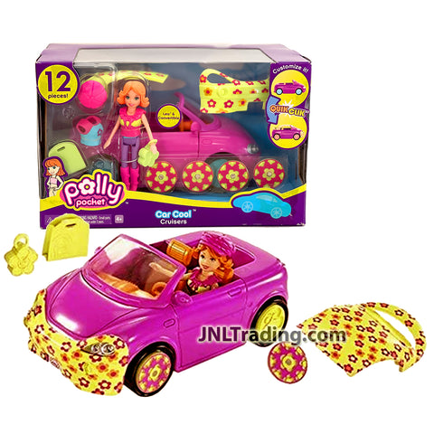 Year 2006 Polly Pocket CAR COOL CRUISERS with Polly Doll, Wheel Covers, Bumper, Top Cover, Helmet, Purse and Outfit