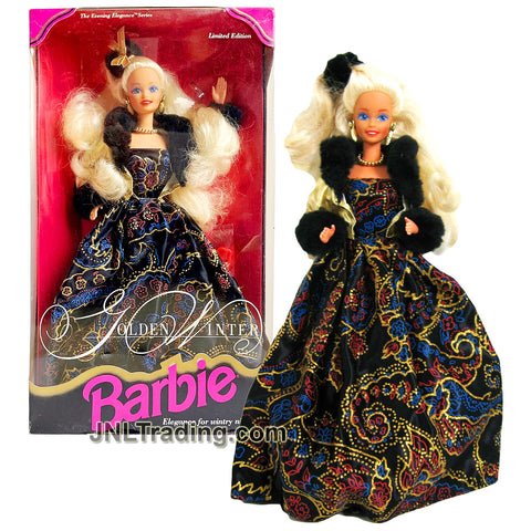 Year 1993 Limited Edition The Evening Elegance Series 12 Inch Doll - GOLDEN WINTER Caucasian Model BARBIE in Black Gown with Hairbrush