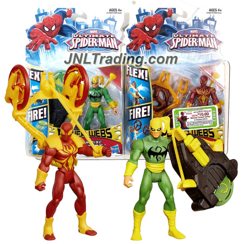 Marvel Year 2012 Ultimate Spider-Man Power Webs Series 2 Pack 4 Inch Tall Figure - Dragon Disc IRON FIST with Disc Blaster and Catapult Smash IRON SPIDER-MAN with Slinging Disc Catapult