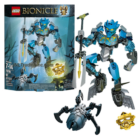 Lego Year 2015 Bionicle Series 8 Inch Tall Figure Set #70786 - GALI Master of Water with 2 Shark Fins, Convertible Harpoon/Elemental Trident, Wheel-Operated Bashing Battle Arm Function Plus Golden Mask of Water and a Silver-Colored Skull Spider (Total Pieces: 87)