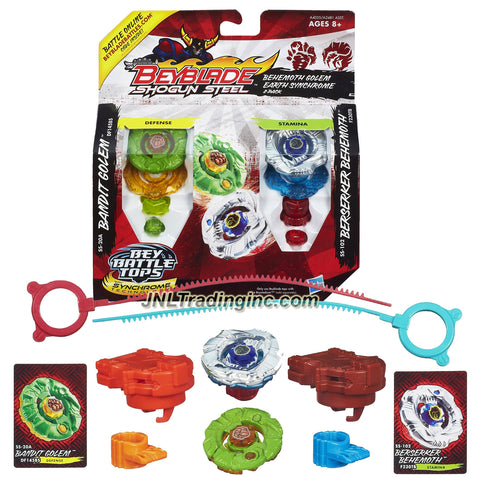 Hasbro Year 2013 Beyblade Shogun Steel Bey Battle Tops "Behemoth Golem Earth Synchrome" 2 Pack Set - Defense DF145BS SS-20A BANDIT GOLEM with Golem Warrior Wheel, Bandit Element Wheel, DF145 Track, BS Tip and Stamina F230TB SS-102 BERSERKER BEHEMOTH with Behemoth Warrior Wheel, Berserker Element Wheel, F230 Track, TB Tip Plus 2 Ripcord Launcher and Online Code