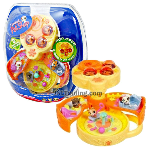 Year 2006 Littlest Pet Shop LPS Teeniest Tiniest Series Mini Figure Set with  3 Dog Mini Figures and Pop Open On the Go Dog Park Case
