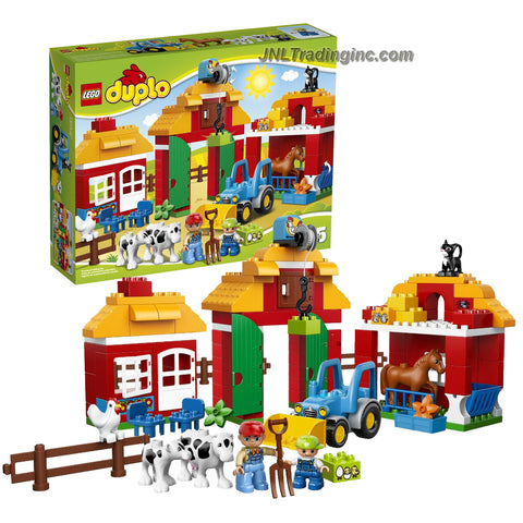 Lego Duplo Year 2014 Preschool Building Toy Set #10525 - BIG FARM with a Barn, Farmhouse with Redesigned Roof, Stable, Buildable Tractor and a Fence Plus Farmer, Child, Horse, Calf, Cow, Chicken and a Cat Figure (Total Pieces: 121)