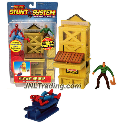 ToyBiz Year 2006 Marvel Spider-Man Stunt System Magnetic Action 3 Inch Tall Figure Set - ALLEYWAY BOX DROP with Spider-Man, Sandman and Box Trap