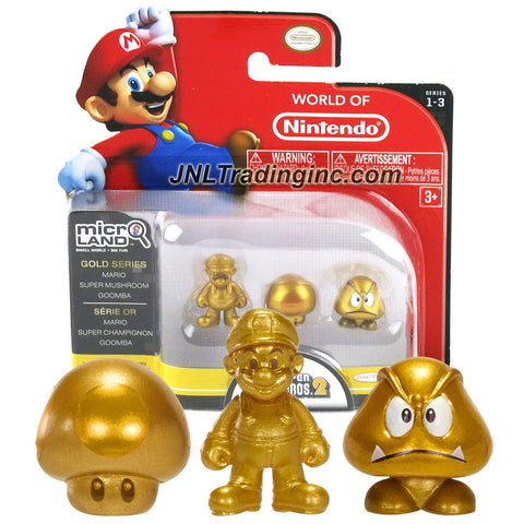 Jakks Pacific Year 2015 World of Nintendo "Super Mario Bros 2" Series 3 Pack 1 Inch Tall Micro Land Mini Figure - Gold Mario, Gold Super Mushroom and Gold Goomba