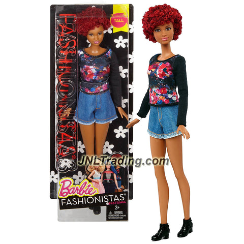 Mattel Year 2015 Barbie Fashionistas 12-1/2" Doll - African American TALL with Short Curly Red Hair (DYK77) Doll in Fab Fringe Top & Blue Denim Short