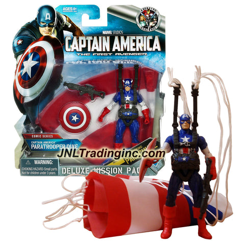 Hasbro Year 2011 Marvel Captain America The First Avenger Comic Series Deluxe Mission Pack 4 Inch Tall Action Figure - PARATROOPER DIVE CAPTAIN AMERICA with Real Working Parachute, Rifle and Shield