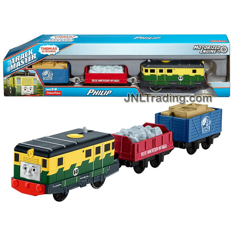 Fisher Price Year 2015 Thomas & Friends Trackmaster Series Motorized Railway 3 Pack Train Set - PHILIP with 2 Cargo Wagons Loaded with Stone and Boxes