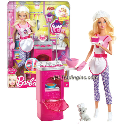 Mattel Year 2012 Barbie "I Can Be" Series 12 Inch Doll Set - Barbie as DESSERT CHEF (Y7379) with Pet Persian Cat "Blissa", Stovetop with Open Door Oven, Mixing Bowl, Spatula, Cupcakes and Cakes