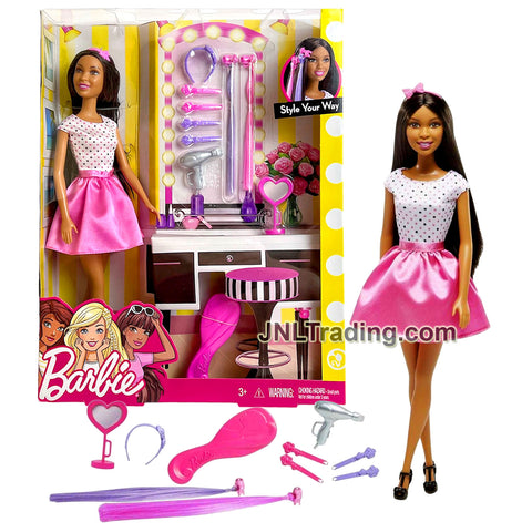 Year 2016 Barbie Style Your Way 12 Inch Doll Set - African American Model NIKKI FCH74 with Mirror, Headbands, Hair Extnsions, Hair Dryer and Hairbrush