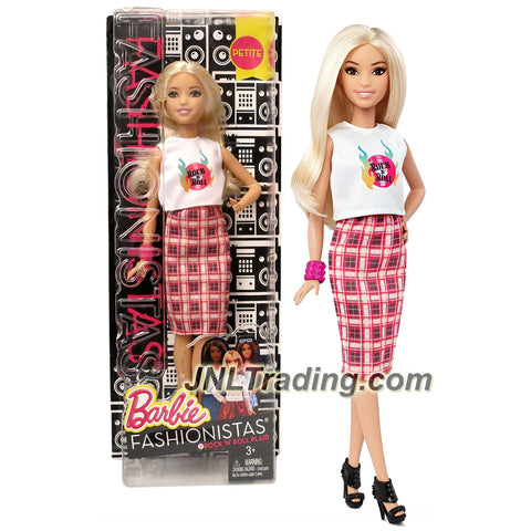 Mattel Year 2015 Barbie Fashionistas 10 Inch Doll - Caucasian PETITE with Long Blonde Hair (DPX67) in White Rock 'N' Roll Tops and Pink Plaid Skirt with Bracelet