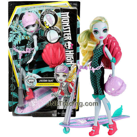 Year 2015 Monster High How Do You Boo Series 10 Inch Tall Doll Set : SURF-TO-TURF SCOOTER LAGOONA BLUE with Surfboard, Backpack and Helmet