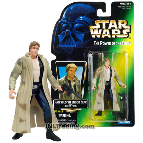 Star Wars Year 1996 Power of The Force Series 4 Inch Tall Figure - HAN SOLO in Endor Gear Trench Coat with Blaster