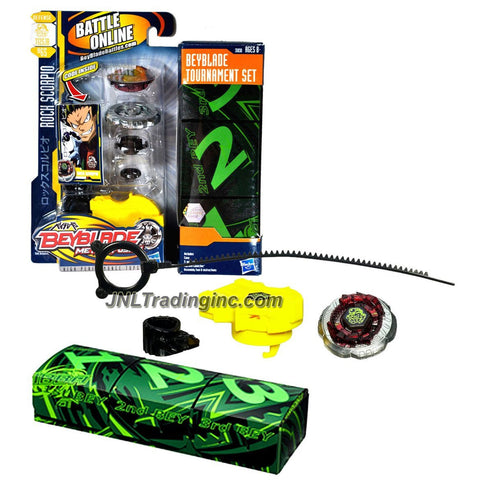 Hasbro Year 2010 Beyblade Metal Fusion High Performance Battle Tops TOURNAMENT Set - Defense T125JB BB65 ROCK SCORPIO with Face Bolt, Scorpio Energy Ring, Rock Fusion Wheel, Tornado T125 Spin Track, Jog Ball JB Performance Tip, Ripcord Launcher and Online Code Plus Exclusive Case