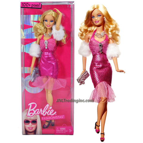 Mattel Year 2009 Barbie Fashionistas Series 12 Inch Doll - Barbie GLAM (R9878) in Pink Neck Strap Party Dress with Faux Fur Arm Wrap, Necklace, Earrings and Purse