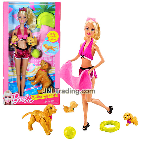 Year 2010 Barbie 12 Inch Doll Set - Paddling Taffy and Pups with Barbie in Swimsuit, Ball, Floating Device, Towel, Taffy and 2 Puppies