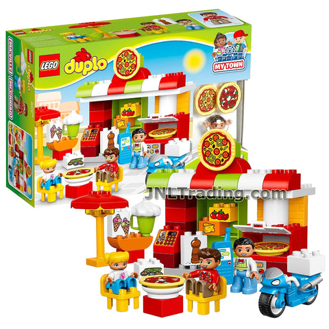 Lego Year 2017 Duplo Series Set #10834 - PIZZERIA with Pizza Oven, Outdoor Seating Area with Umbrella, Ice Cream Stand, Delivery bike Plus Restaurant Owner, Dad and Child Figure (Pieces: 57)